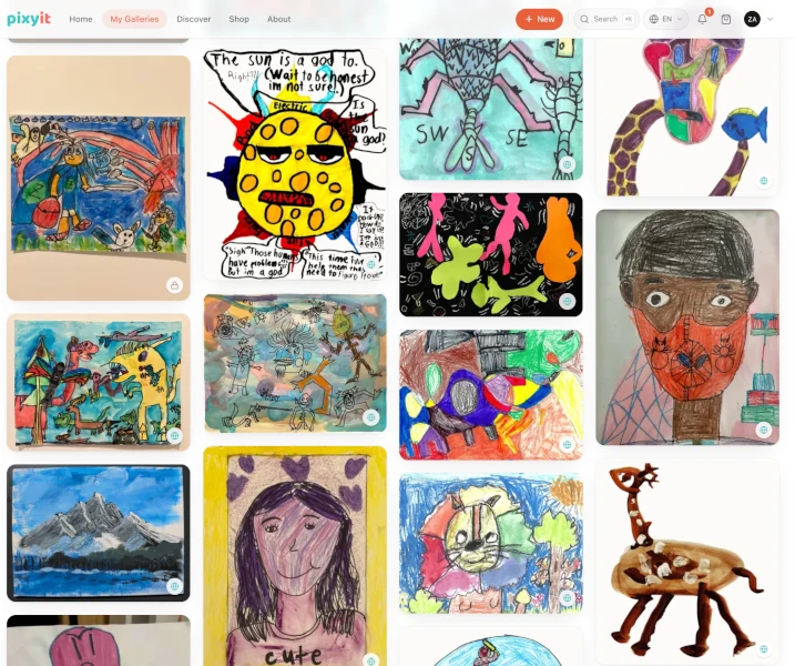 A family's private pixyit gallery, full of their kids' drawings