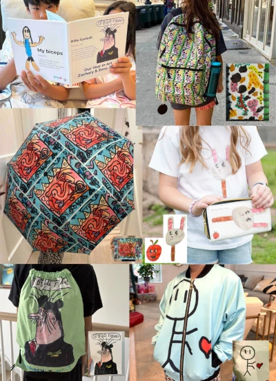 Kids' drawings turned into a book, a backpack, an umbrella, a pencil case, a drawstring bag and a jacket, each shown beside the original drawing